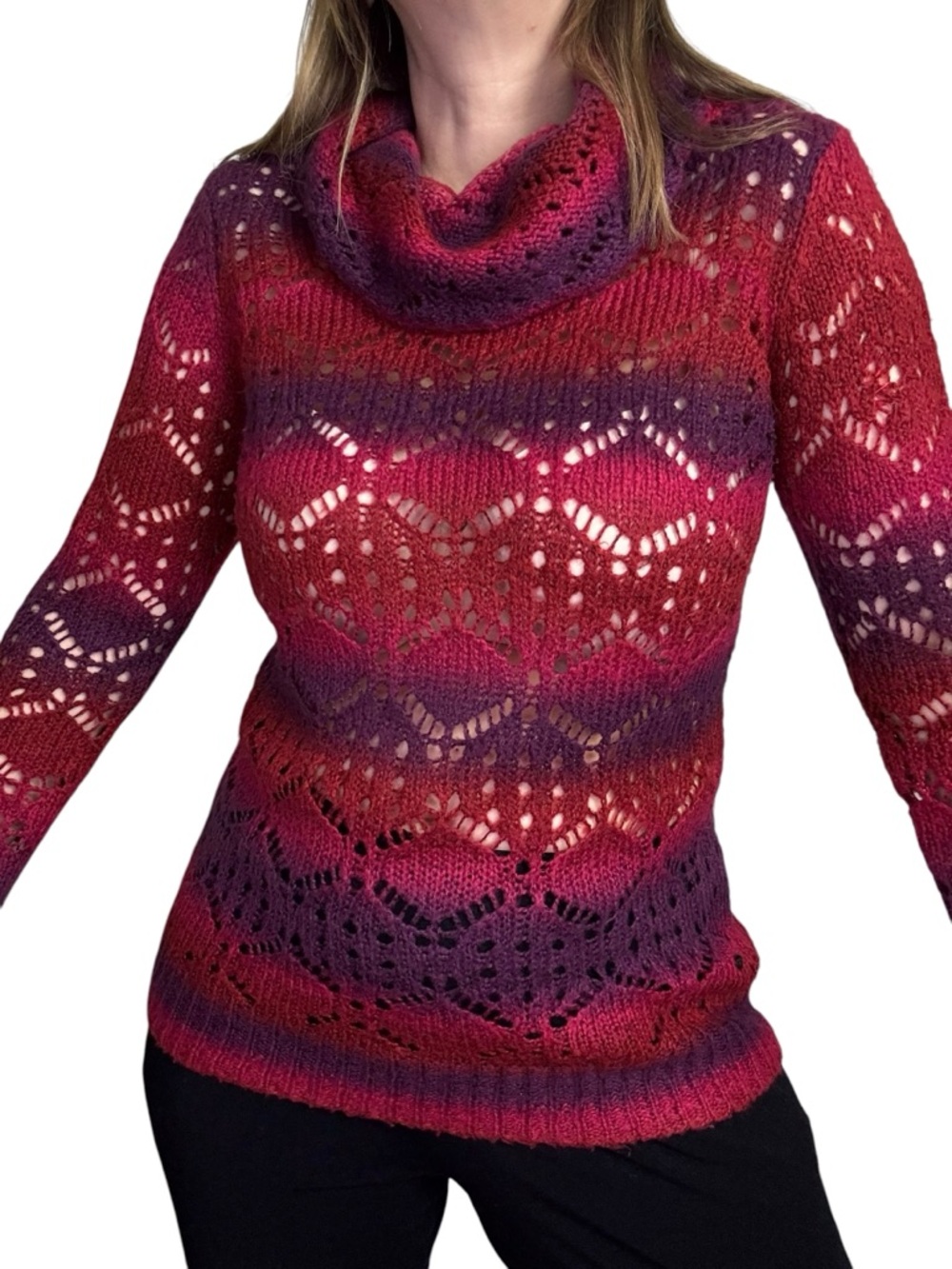 Point Zero Sweater Red and Purple Cowl Neck Open Work Knit Size M